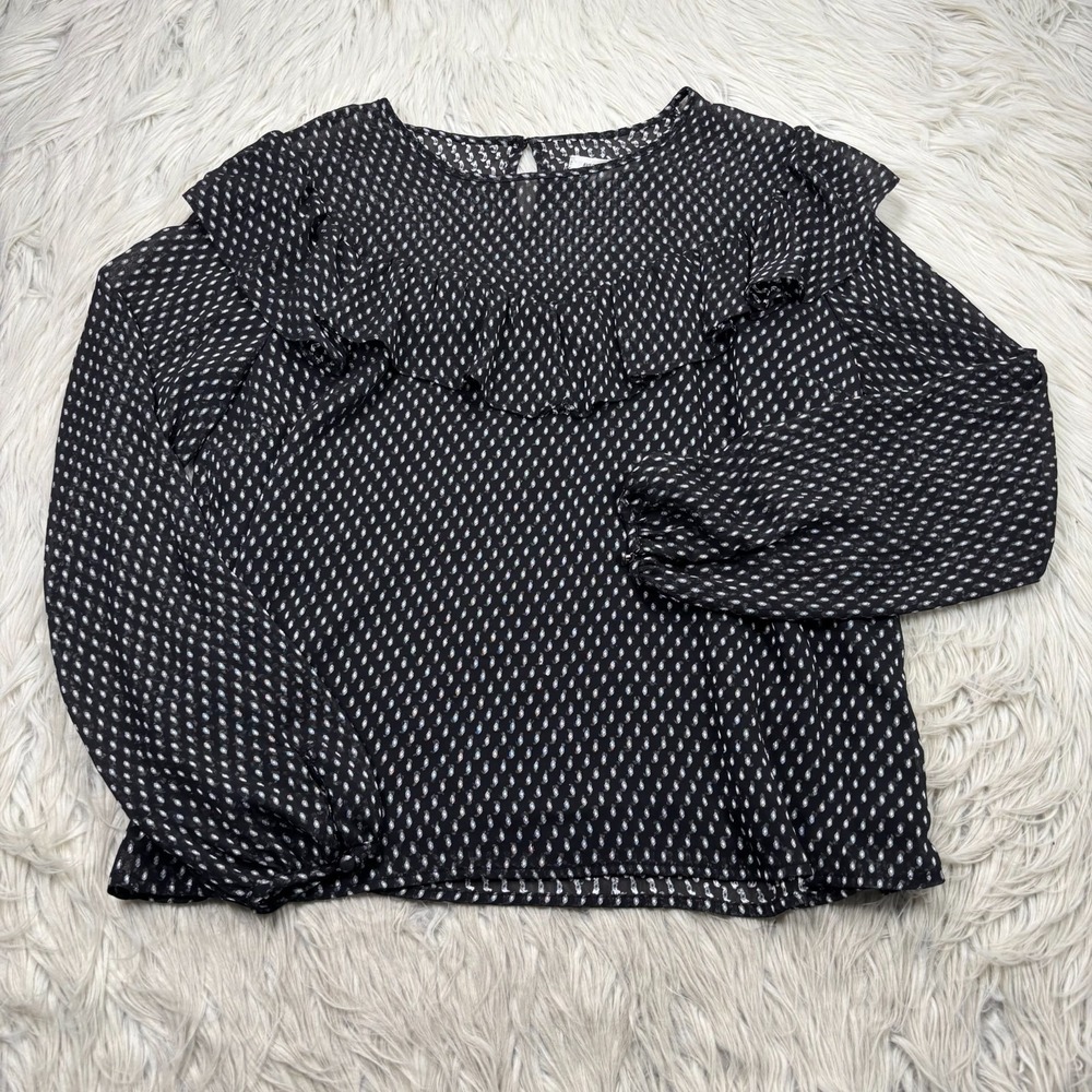 Avec Les Filles Women's L Black White Dot Ruffle Sheer Blouse Goth Romantic